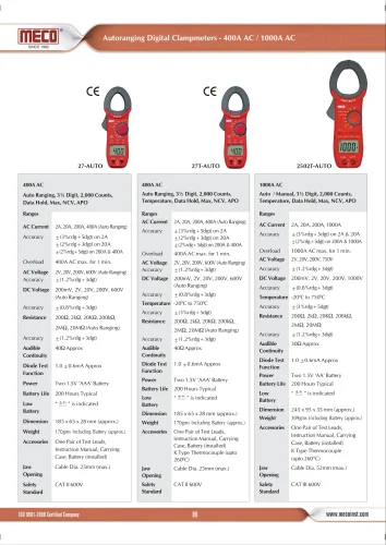 400 Aac 600 Vdc Meco 27 Auto Digital Clamp Meter, 9 V