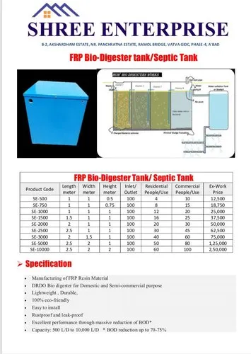 Blue Frp Bio Digester Tanks - 500 Liter, Capacity: 500- 10,000 L